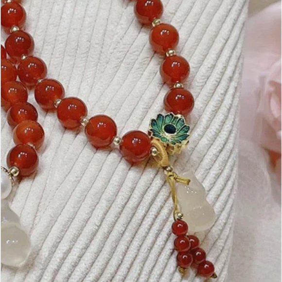 New Gold Plated Glorious Lotus Red Agate Charm Bracelet - Picture 6 of 12
